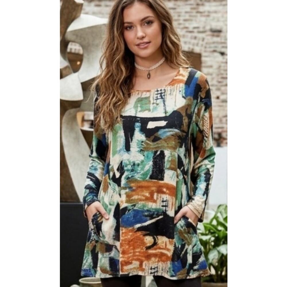Dorman lightweight geometric mod print asymmetrical lagenlook blouse